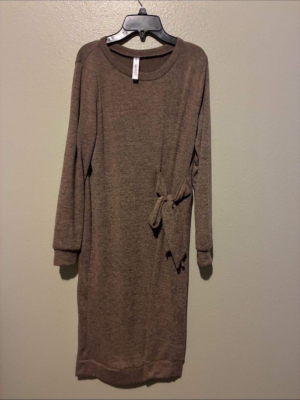 Brown Knit Long-Sleeve Tie-Waist Sweater Dress